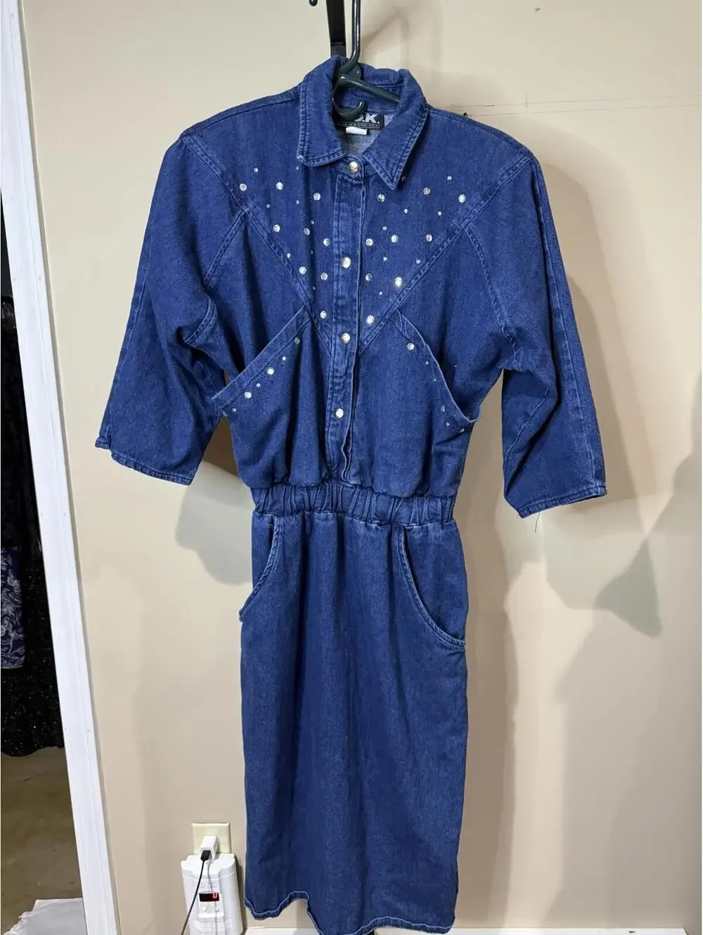 80s 90s Women's Blue Denim Dress with Studded Detail
